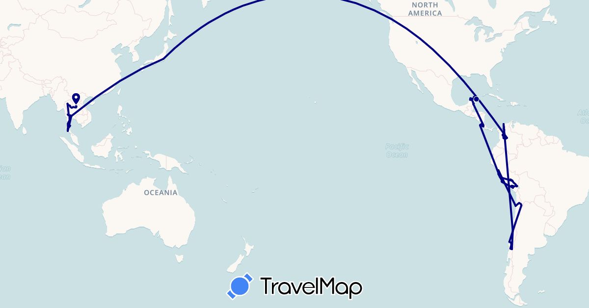 TravelMap itinerary: driving in Chile, Colombia, Costa Rica, France, Japan, Laos, Mexico, Peru, Thailand (Asia, Europe, North America, South America)